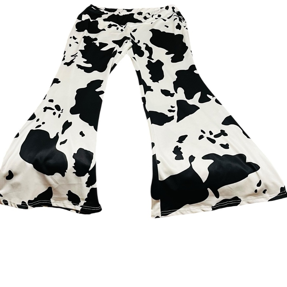 Black and White Cow Print Flare Pants